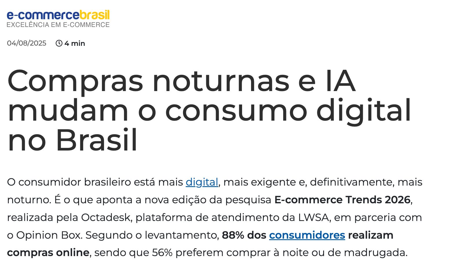 Manchete do E-Commerce Brasil: Compras noturnas e IA mudam o consumo digital no Brasil. O texto diz que 56% preferem comprar à noite ou de madrugada.