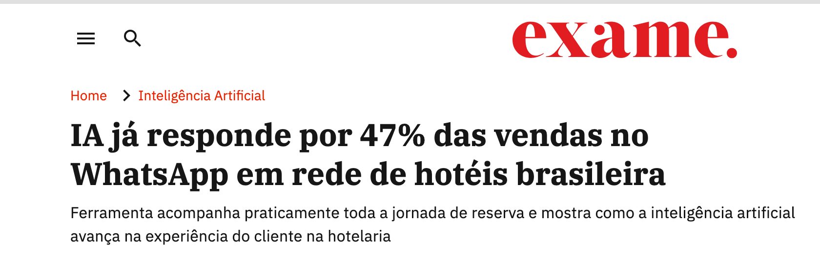 Manchete da Exame: IA já responde por 47% das vendas no WhatsApp em rede de hotéis brasileira.
