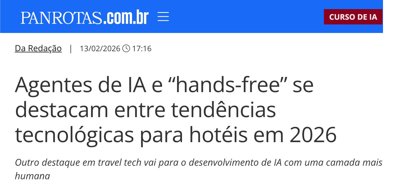 Manchete da Panrotas: Agentes de IA e hands-free se destacam entre tendências tecnológicas para hotéis em 2026.